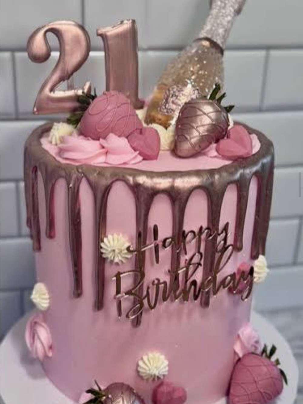 For Kendall - Pink Metallic Drip Birthday Cake Topper Set - Happy Birthday